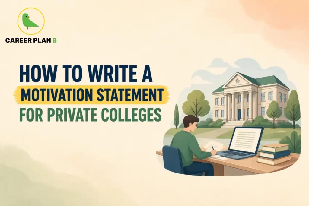 Motivation statement for private colleges illustration showing a student preparing an application statement on a laptop.
