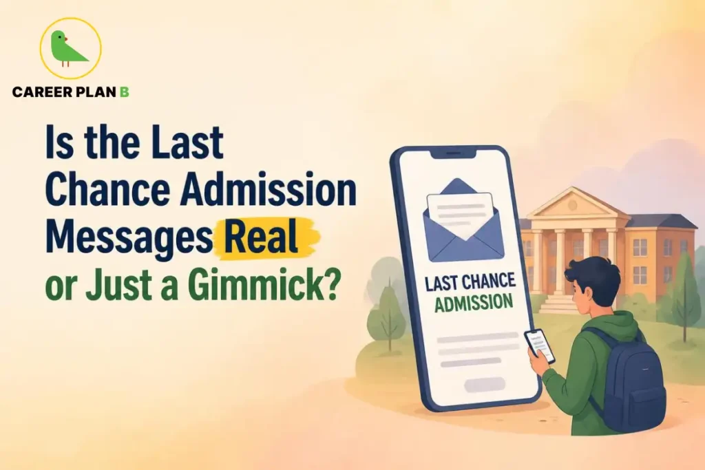 Last chance admission messages illustration showing a student checking an admission notification on a smartphone near a college campus.