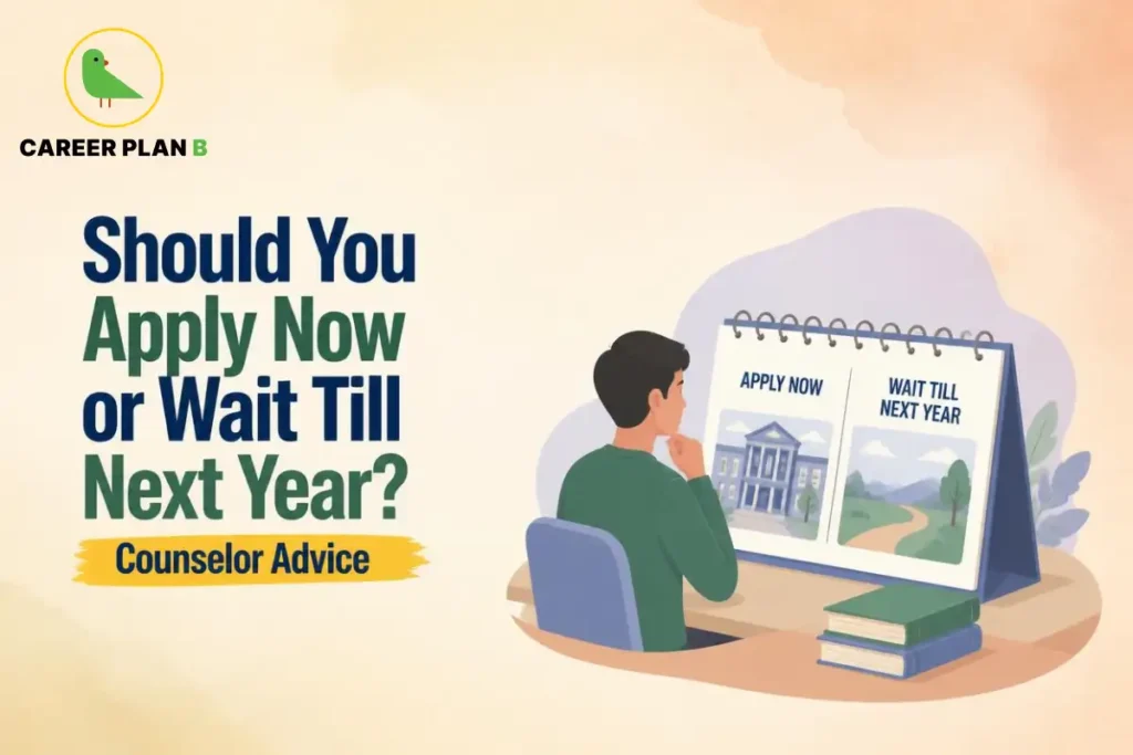 Should you apply now or wait till next year illustration showing a student comparing immediate college admission with a future study option.