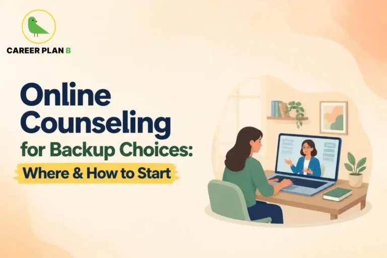 Online counseling for backup choices showing a student speaking with a career counselor through a laptop to explore alternative college admission options.