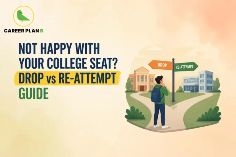 Student standing at a crossroads between two college campuses, considering whether to take a drop year or reattempt an entrance exam after being dissatisfied with the allotted college seat.