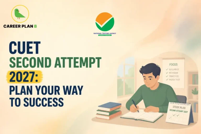 Student preparing for the CUET 2027 second attempt at a study desk, with books, a revision checklist and a study planner focused on syllabus completion, practice and mock tests.