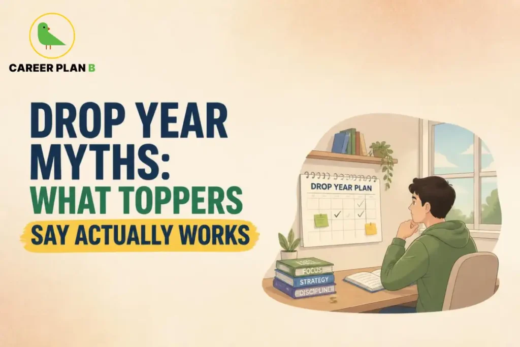 Student planning a drop year for competitive entrance exam preparation, reviewing a study calendar and books focused on discipline, strategy, and focus. The illustration represents practical study habits and preparation methods that successful exam toppers recommend.