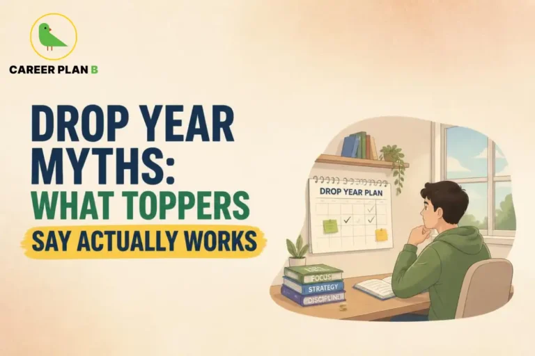 Student planning a drop year for competitive entrance exam preparation, reviewing a study calendar and books focused on discipline, strategy, and focus. The illustration represents practical study habits and preparation methods that successful exam toppers recommend.