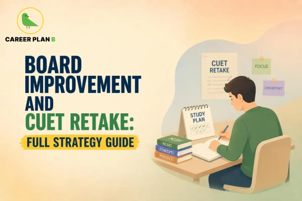 Student preparing for a CUET retake and board exam improvement, following a structured study plan with NCERT books, concept revision, and practice materials. The illustration highlights focus, consistency, and systematic exam preparation.