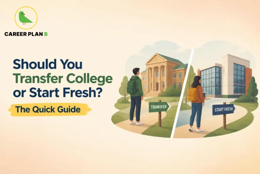 Student comparing college transfer options with starting fresh at a new institution, illustrated by two campus pathways with signboards indicating “Transfer” and “Start Fresh.” The visual represents academic decision-making and choosing the right college path.