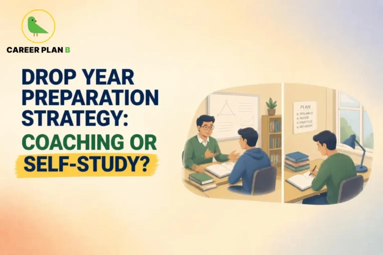 Student comparing coaching classes with self-study for drop year entrance exam preparation, showing a mentor guiding a student alongside an independent learner studying with books and notes. The illustration highlights different preparation approaches, revision, and structured study planning.