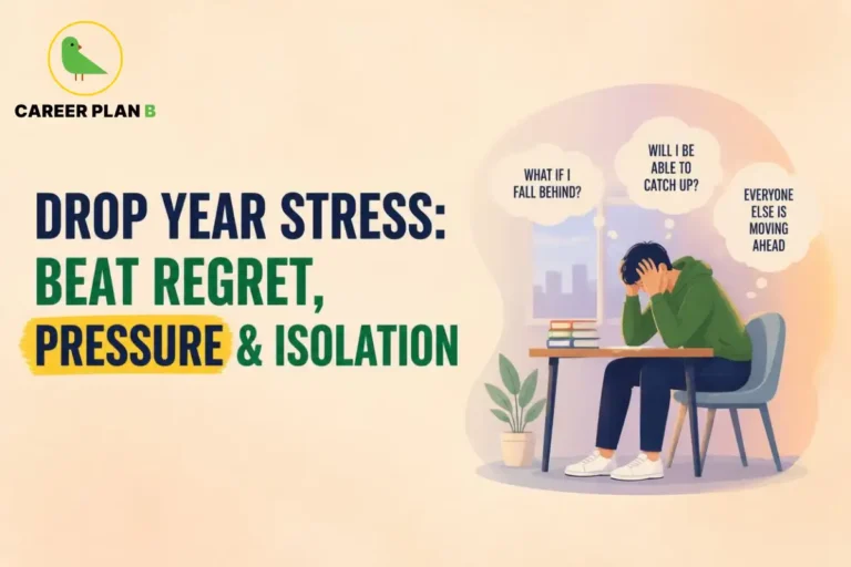 Student experiencing stress and anxiety during a drop year, sitting at a study desk with books while worrying about falling behind, catching up, and comparing progress with others. The illustration highlights the emotional challenges of exam preparation.