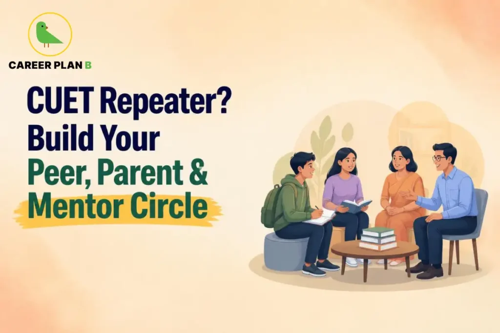 CUET repeater discussing exam preparation with parents and a mentor in a supportive group setting. The illustration shows a student taking notes while family members and a mentor offer guidance, encouragement, and study advice for the next entrance exam attempt.