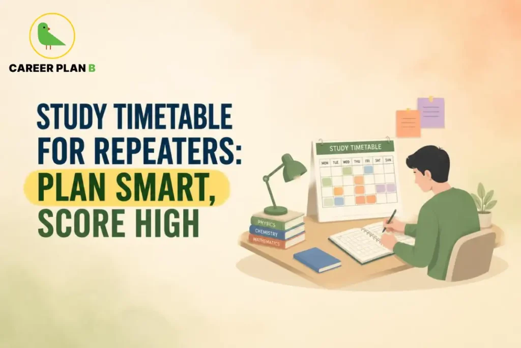 Student preparing for a competitive entrance exam using a structured study timetable, subject-wise textbooks, and a revision notebook. The illustration highlights time management, daily study planning, and consistent preparation for repeat exam attempts.