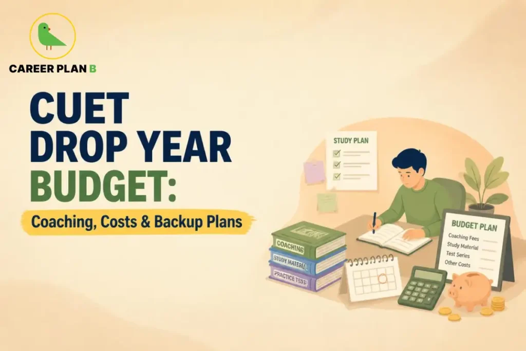 Student planning a CUET drop year budget with a study timetable, coaching books, practice tests, calculator, and savings. The illustration highlights the financial planning needed to manage coaching fees, study materials, test series, and other preparation expenses.