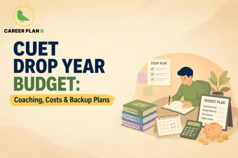 Student planning a CUET drop year budget with a study timetable, coaching books, practice tests, calculator, and savings. The illustration highlights the financial planning needed to manage coaching fees, study materials, test series, and other preparation expenses.