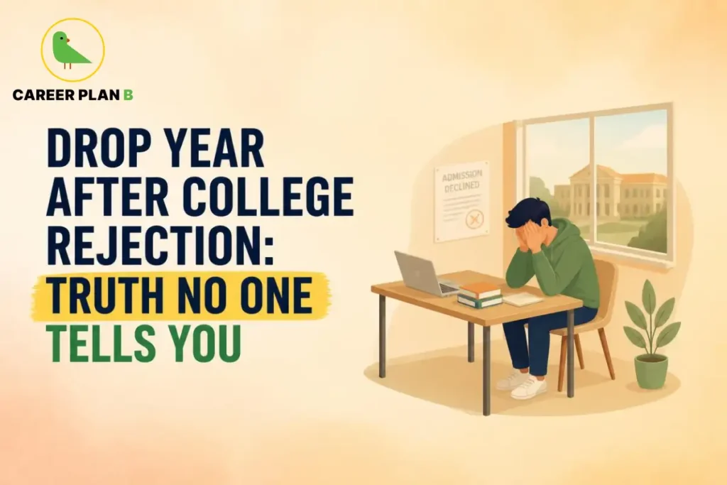 Student feeling disappointed after college admission rejection, sitting at a desk with books and a laptop while reflecting on the decision to take a drop year. The illustration represents the emotional challenges and uncertainties students face when planning their next academic attempt.