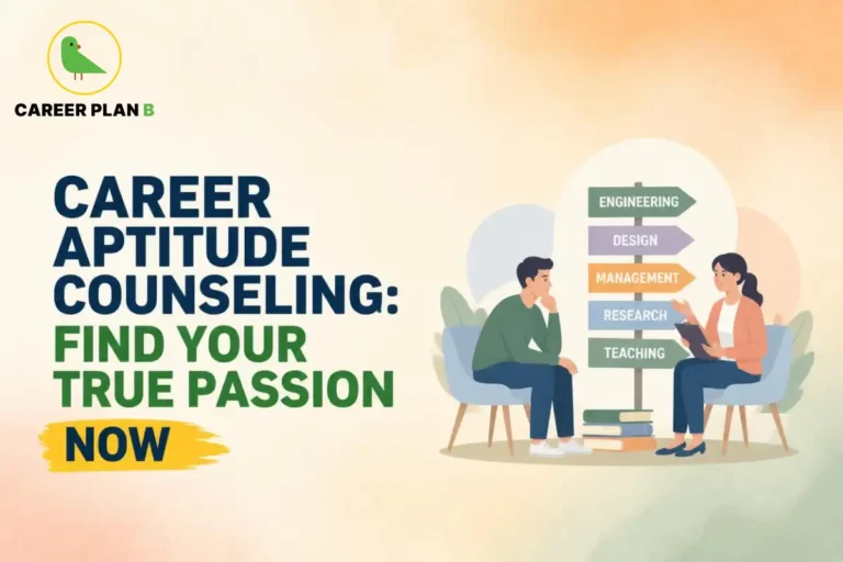 Career aptitude counseling session featuring a student discussing career options with a professional counselor, with signposts representing engineering, design, management, research, and teaching. The illustration highlights career exploration and choosing a path aligned with personal interests and strengths.
