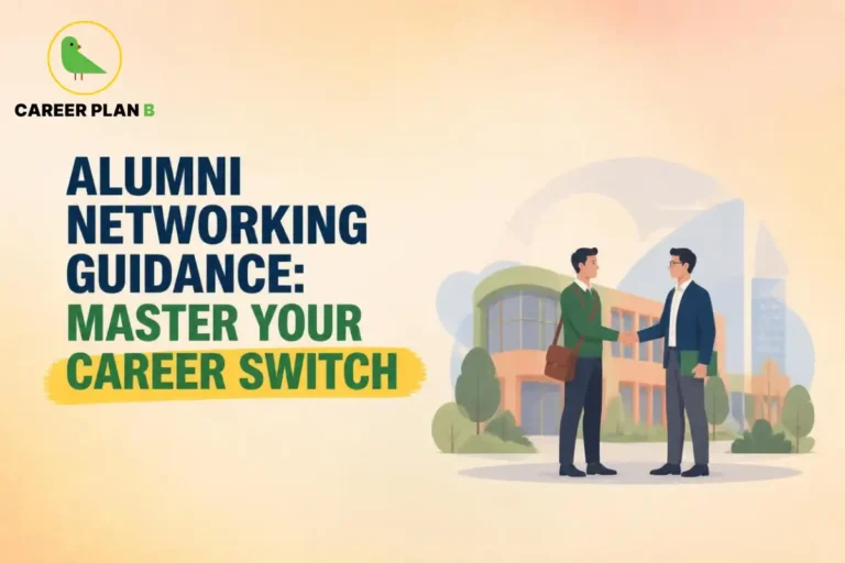 Alumni networking guidance illustration showing a professional handshake between two individuals outside a college campus, symbolizing mentorship, professional connections, and career transition opportunities. The visual highlights the value of building relationships with alumni to explore new career paths.