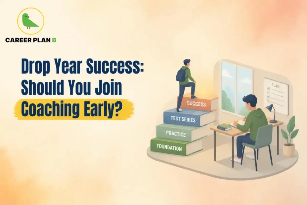 Student preparing for competitive exams during a drop year, with another student climbing steps labelled Foundation, Practice, Test Series and Success, illustrating early coaching and structured exam preparation.