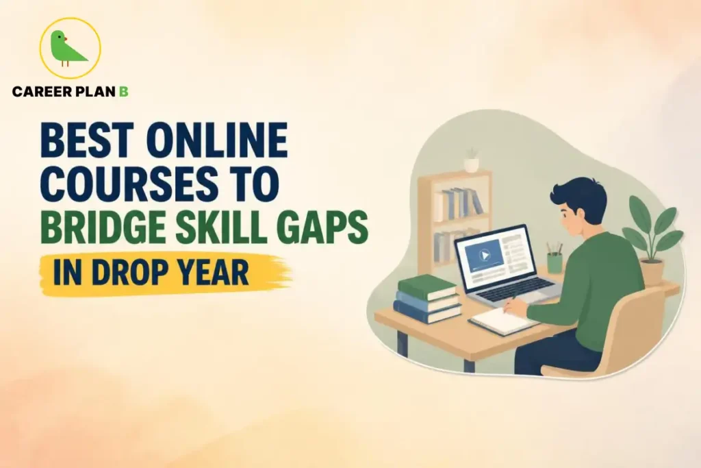 Student taking an online course on a laptop while studying with books and a notebook, illustrating how online learning can help bridge skill gaps during a drop year.