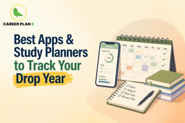 Smartphone displaying a study progress tracker beside a weekly study planner, books and a checklist for goals, subjects, mock tests and revision, illustrating effective drop-year preparation management.