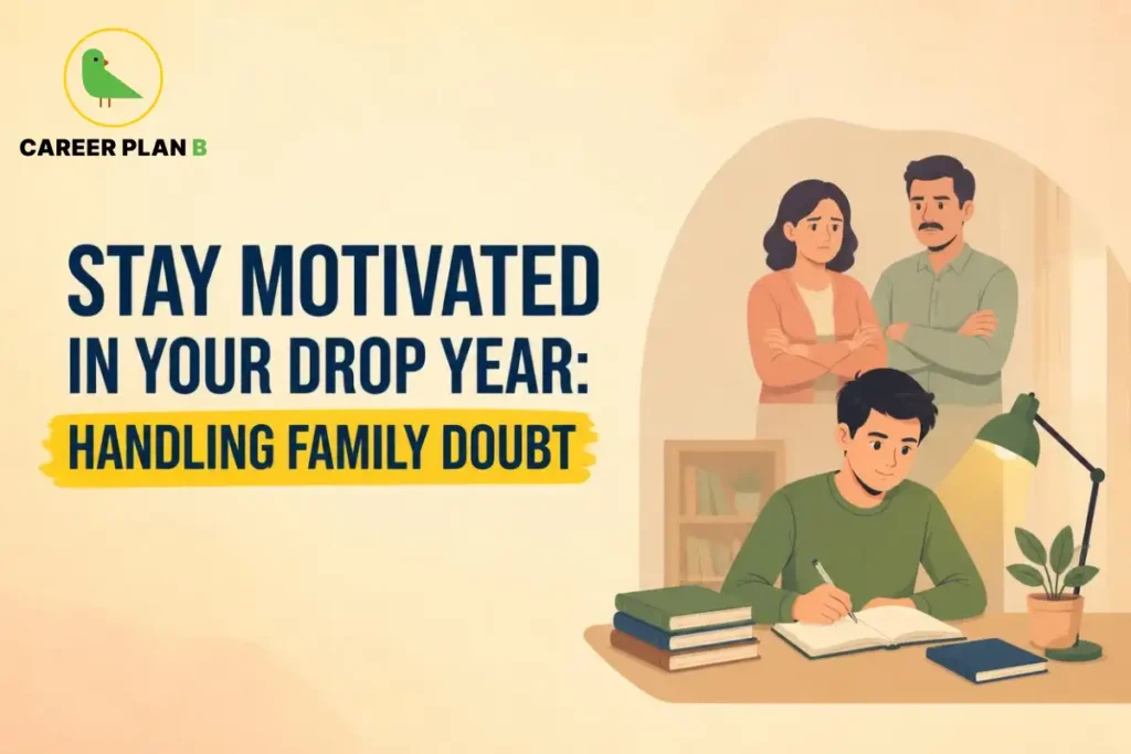 Student studying at a desk with books and an open notebook while concerned parents stand behind him with crossed arms, illustrating family doubts and emotional pressure during a drop year.