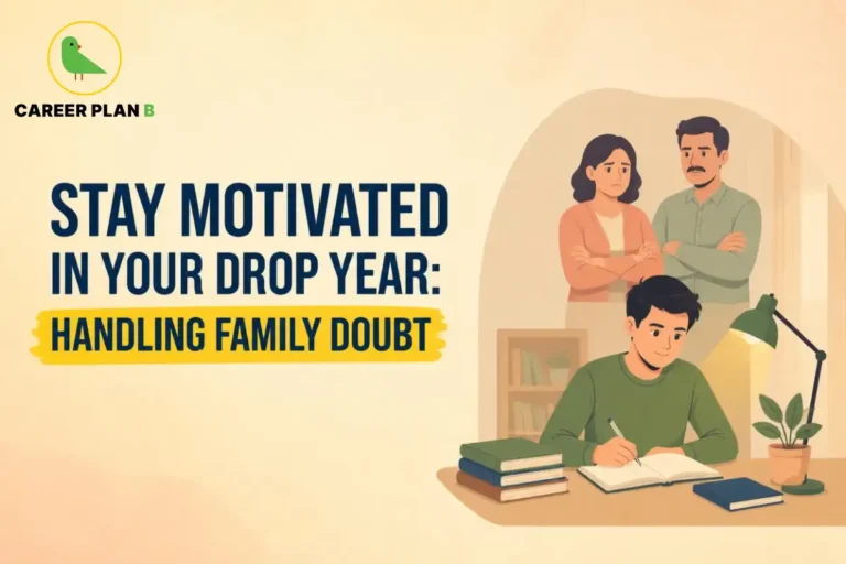 Student studying at a desk with books and an open notebook while concerned parents stand behind him with crossed arms, illustrating family doubts and emotional pressure during a drop year.