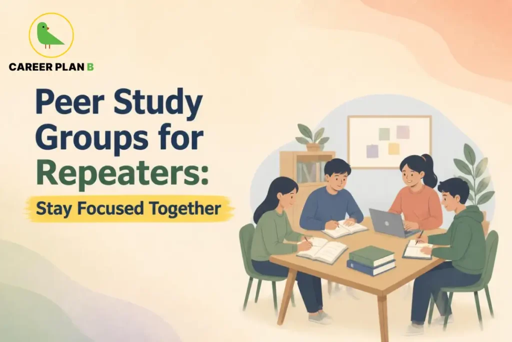 Students participating in a peer study group for repeaters, collaborating around a table with notebooks, textbooks and a laptop to improve focus, consistency and exam preparation.