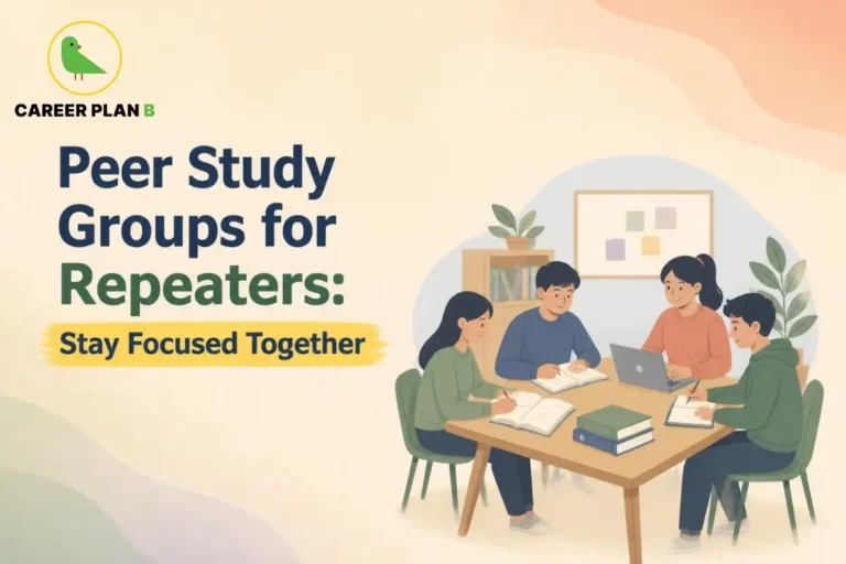 Students participating in a peer study group for repeaters, collaborating around a table with notebooks, textbooks and a laptop to improve focus, consistency and exam preparation.