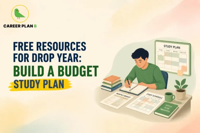 Student creating a budget-friendly drop-year study plan, using notebooks, textbooks, a study schedule and a monthly budget sheet to organise exam preparation and track progress.