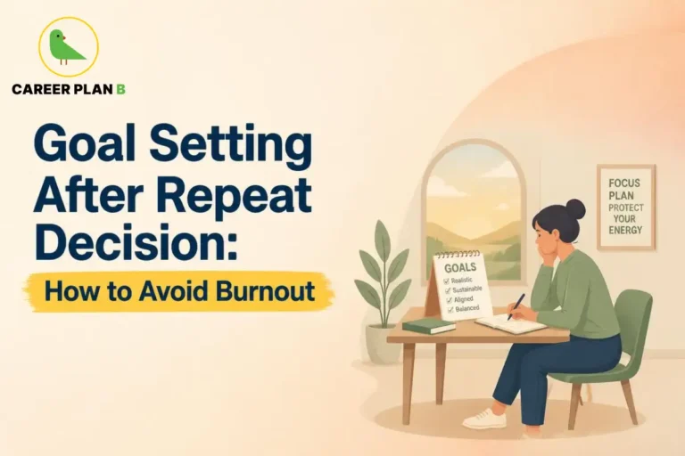 Student setting realistic goals after deciding to repeat a competitive exam, writing a study plan in a notebook while focusing on sustainable preparation, balanced routines and burnout prevention.