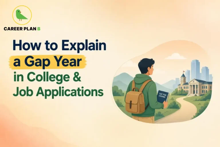 Student carrying a backpack and a gap-year journal while looking toward a college campus, representing how to explain an academic gap in college admissions and job applications.