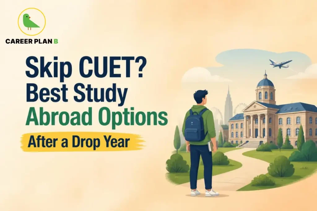 Student with a backpack standing outside a university campus with an airplane in the sky, illustrating study abroad options for students considering skipping CUET after a drop year.