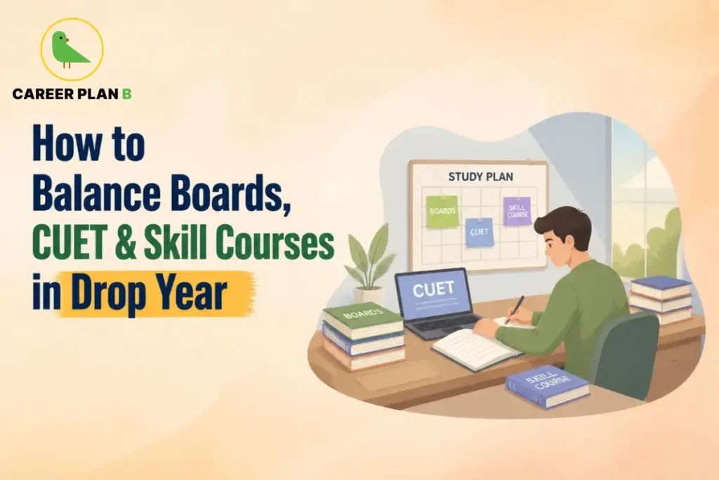 Student organising a drop-year study schedule to balance board exam preparation, CUET entrance exams and skill development courses using a laptop, textbooks and a structured study planner.