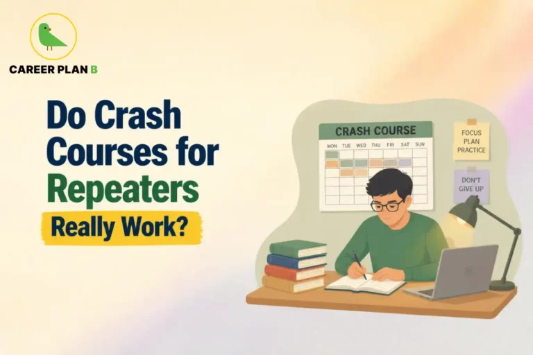 Student preparing for a competitive exam using a crash course study schedule, textbooks, a laptop and handwritten notes, illustrating focused revision strategies for repeaters.