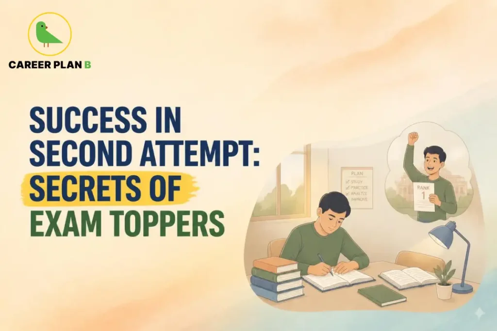 Student preparing for a competitive exam during a second attempt, studying with textbooks and handwritten notes while visualising a top rank and academic success.