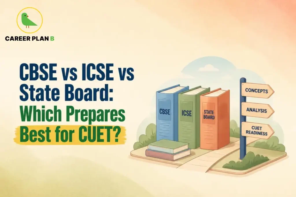 CBSE vs ICSE vs State Board for CUET comparison illustrated with three schoolbooks and signposts highlighting concepts, analysis, and CUET readiness.