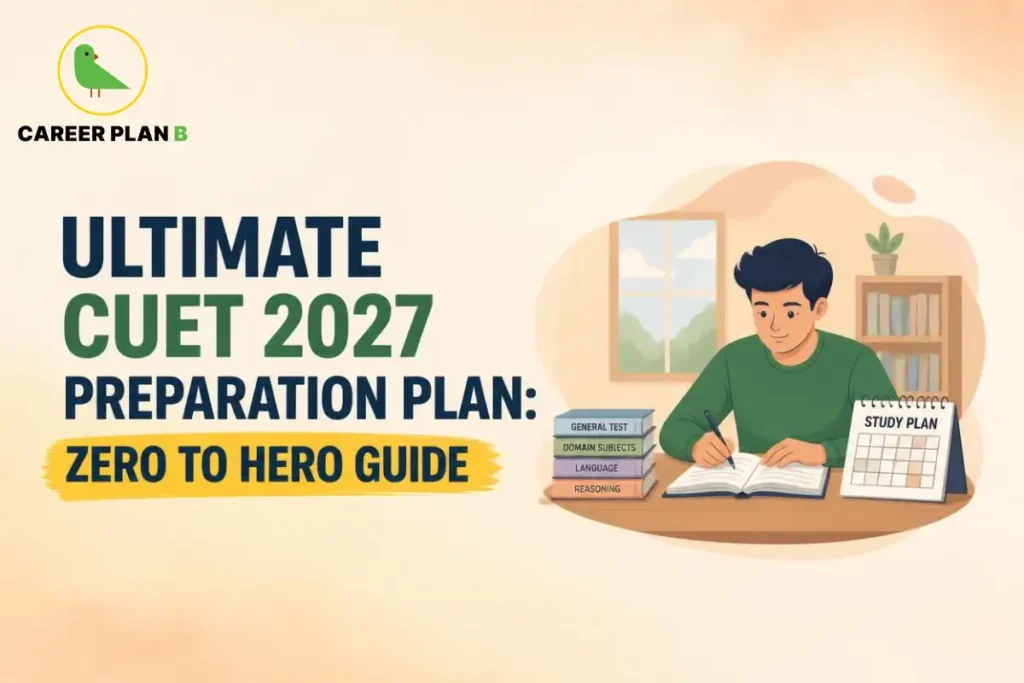 CUET 2027 preparation plan illustrated by a student studying with subject books, an open notebook, and a study planner.