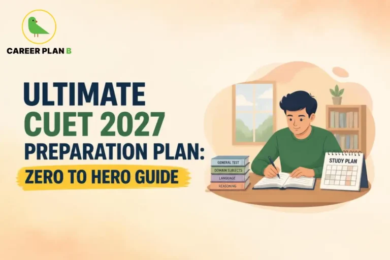 CUET 2027 preparation plan illustrated by a student studying with subject books, an open notebook, and a study planner.