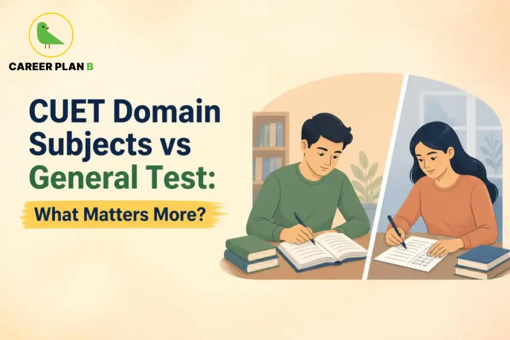 CUET domain subjects vs General Test illustrated by two students practising questions in notebooks with study books beside them.