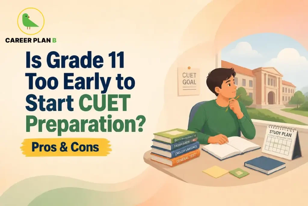 CUET preparation in Class 11 illustrated by a student reviewing textbooks, writing notes, and planning study sessions with a calendar.