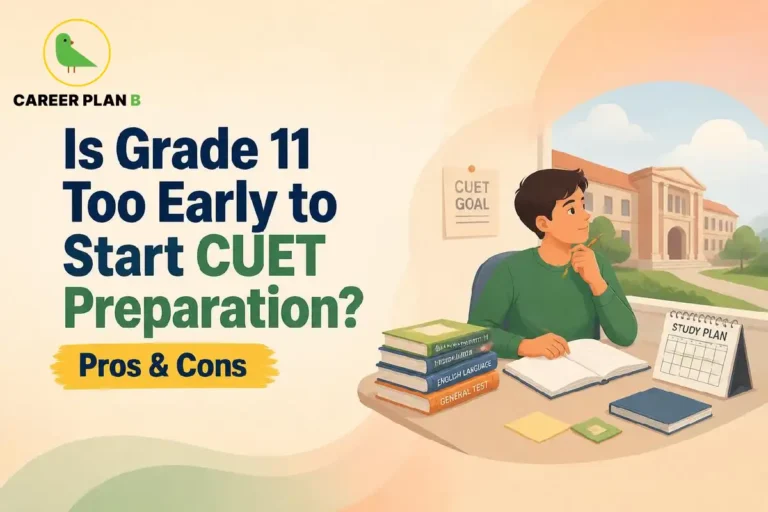 CUET preparation in Class 11 illustrated by a student reviewing textbooks, writing notes, and planning study sessions with a calendar.