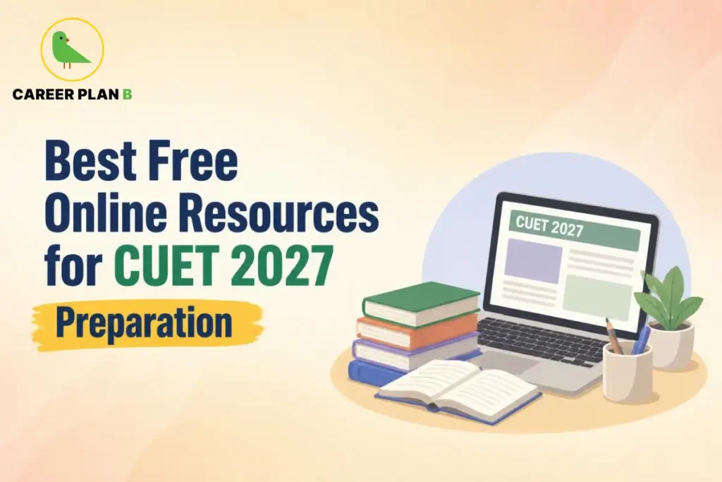 Free online resources for CUET 2027 preparation represented by a laptop displaying study materials alongside textbooks and an open book.