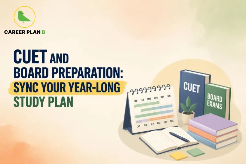 CUET and board preparation study plan with a monthly calendar, CUET and board exam books, and an open notebook for year-long exam preparation.