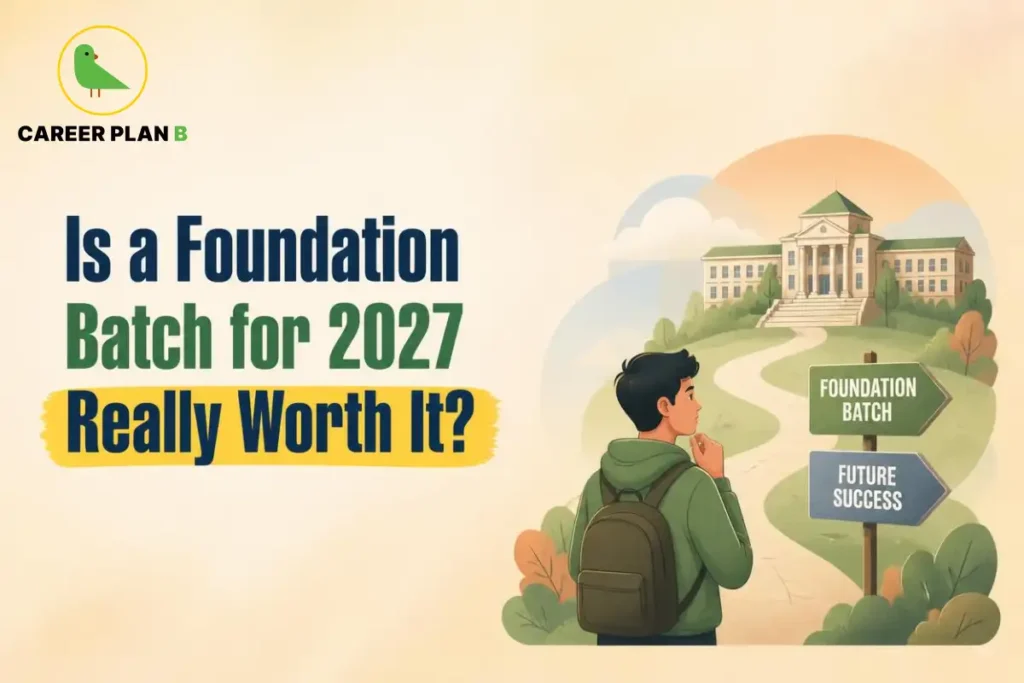 Foundation batch for 2027 showing a student considering college preparation, with a campus pathway and signposts representing future academic success.