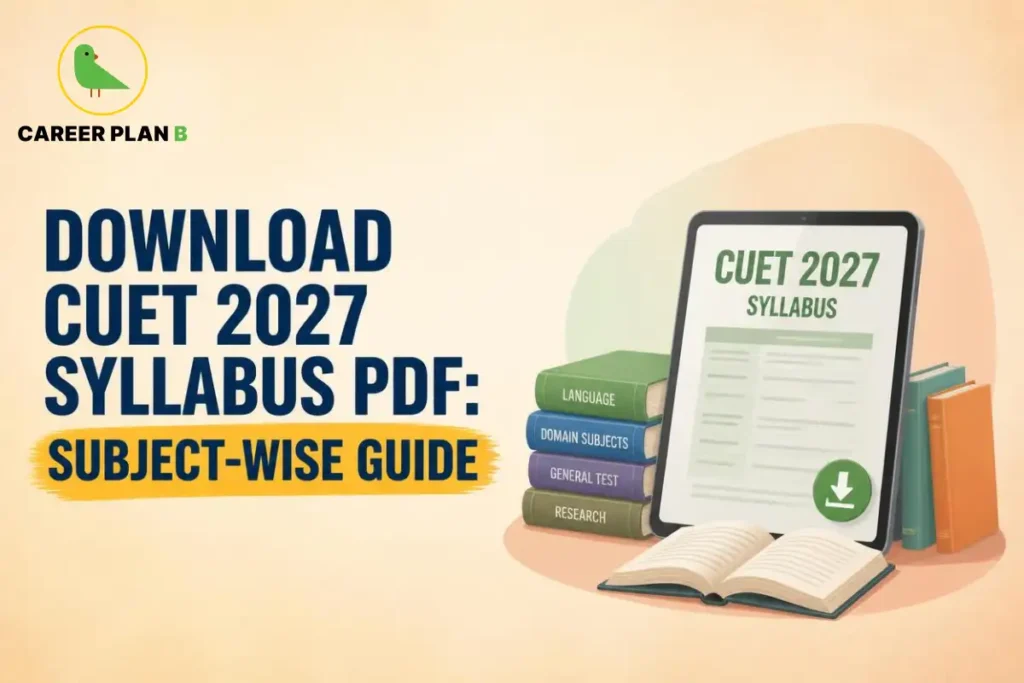 CUET 2027 syllabus PDF displayed on a tablet with a download icon, subject-wise books for languages, domain subjects and general test, and an open textbook.