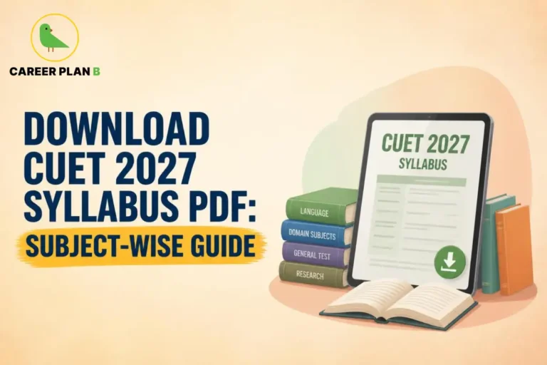 CUET 2027 syllabus PDF displayed on a tablet with a download icon, subject-wise books for languages, domain subjects and general test, and an open textbook.