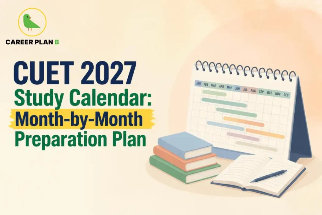 CUET 2027 study calendar showing a month-by-month preparation schedule, colour-coded study timelines, stacked textbooks, and an open notebook with a pen.
