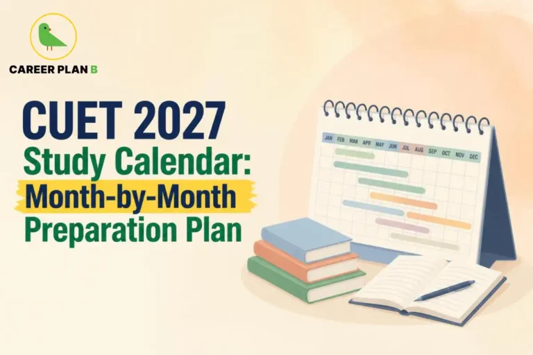 CUET 2027 study calendar showing a month-by-month preparation schedule, colour-coded study timelines, stacked textbooks, and an open notebook with a pen.