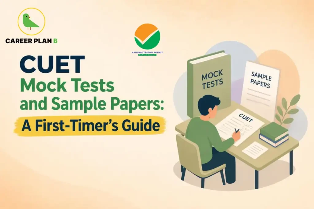 CUET mock tests and sample papers illustrated by a student practising questions at a desk with mock test books, sample papers, and study materials.