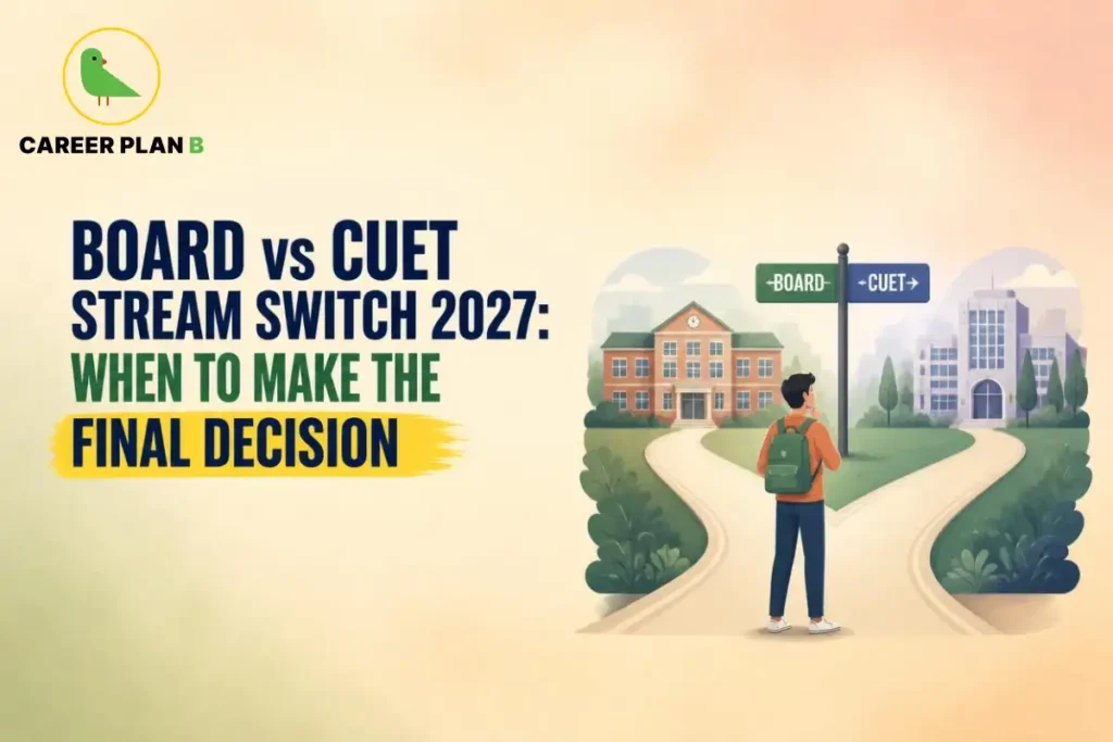Board vs CUET stream switch 2027 illustrated by a student choosing between two educational pathways leading to different college buildings.