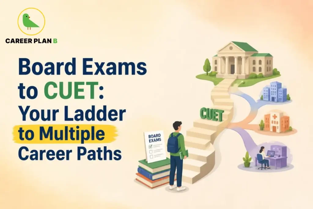 Board exams to CUET illustrated by a student standing beside a staircase leading from school examinations to multiple college and career pathways.