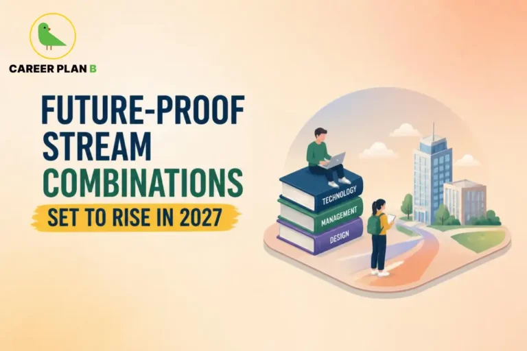 Future-proof stream combinations illustrated by students exploring technology, management, and design pathways through books and university buildings.